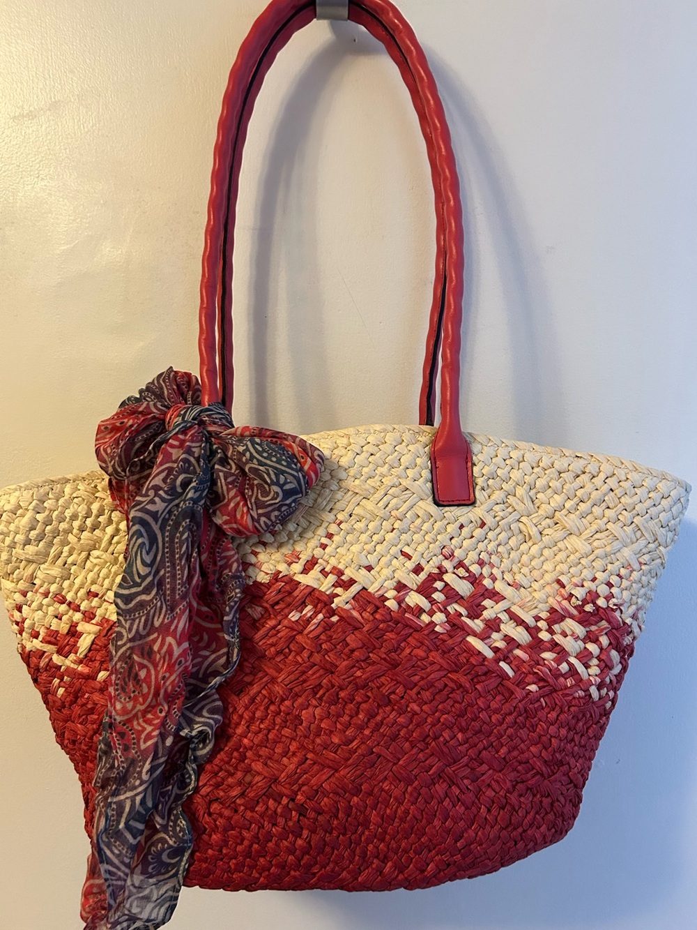 Patricia Nash Red and Cream Woven Tote with Scarf Accent